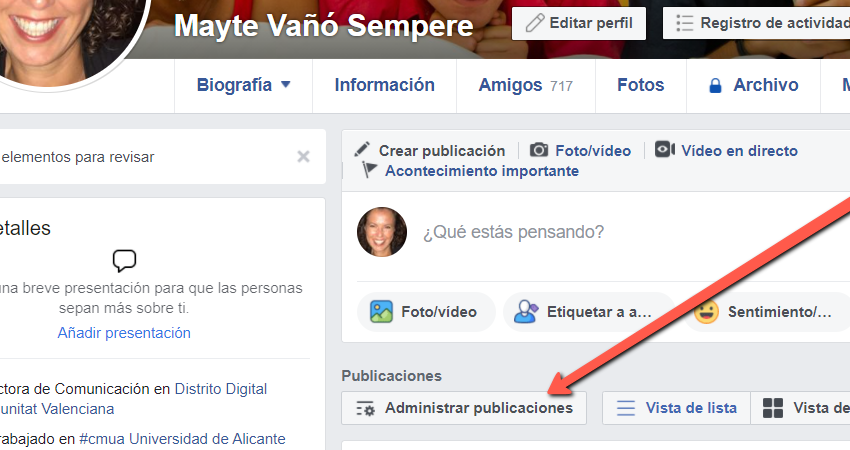 Administrar publicaciones perfil Facebook